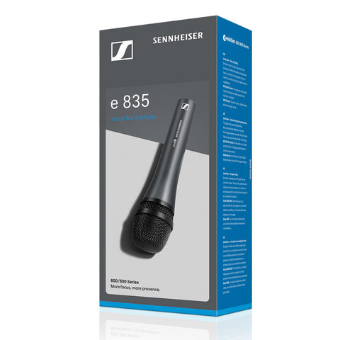 Sennheiser e 835 microphone packaging on a white background

